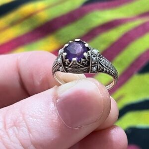 Victorian Style Simulated Amethyst Pearl Sterling Silver 925 Size 5 1/2 Ring